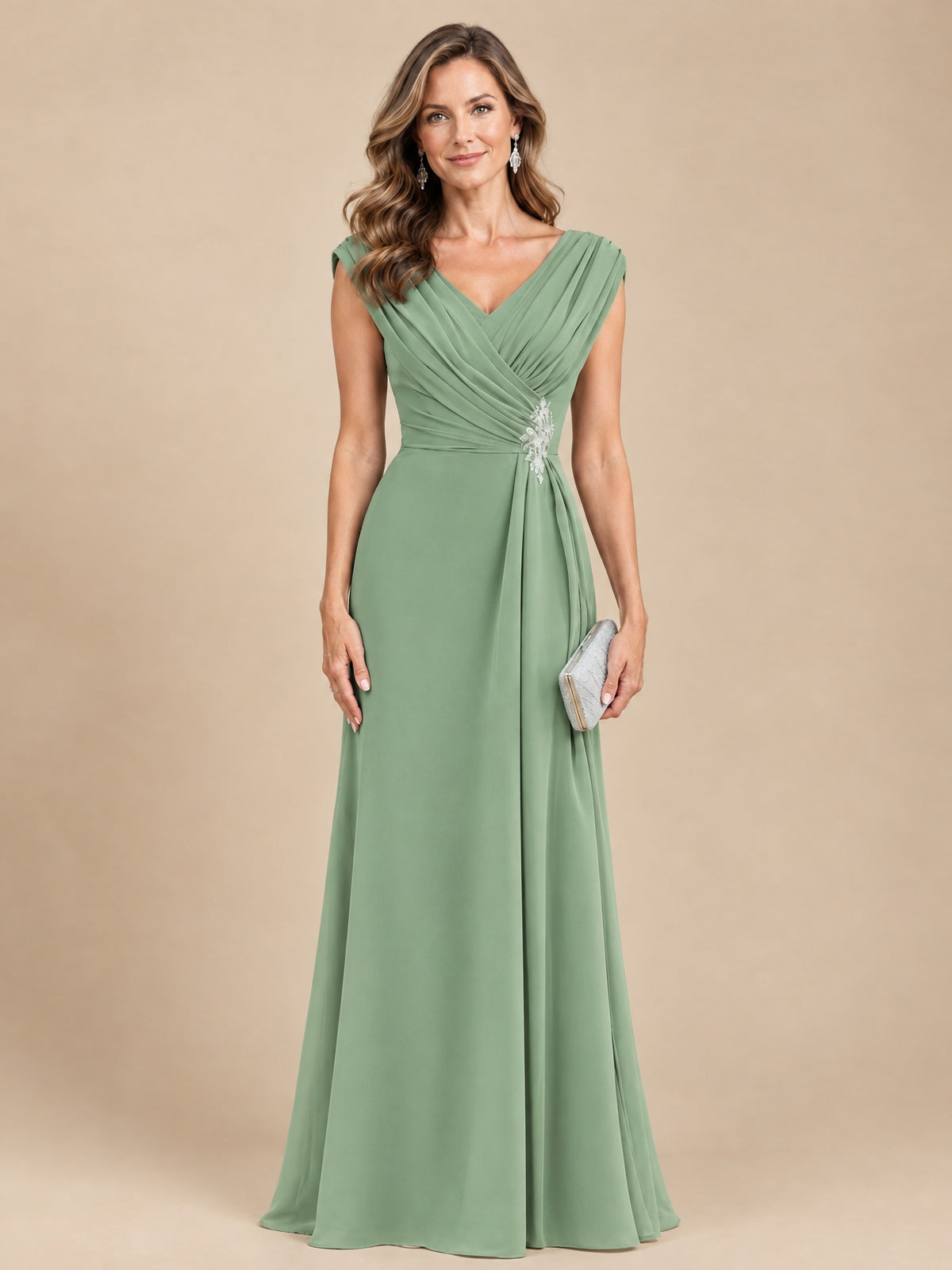 V Neck Pleated Mother of The Bride Dresses with Beading Cap Sleeves