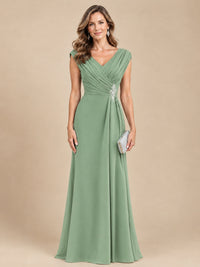 V Neck Pleated Mother of The Bride Dresses with Beading Cap Sleeves