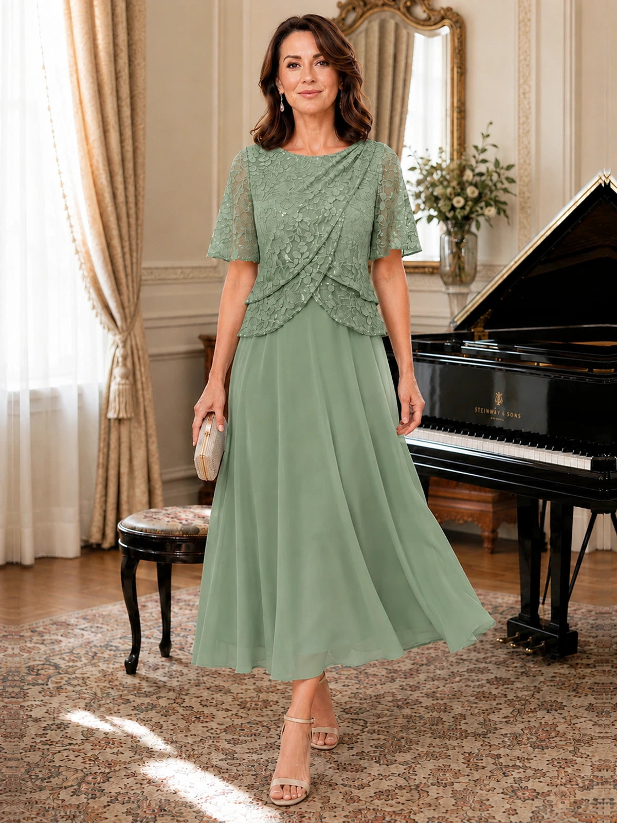 Tea-Length Chiffon Mother of the Bride Dress with Sequin Lace Sleeves