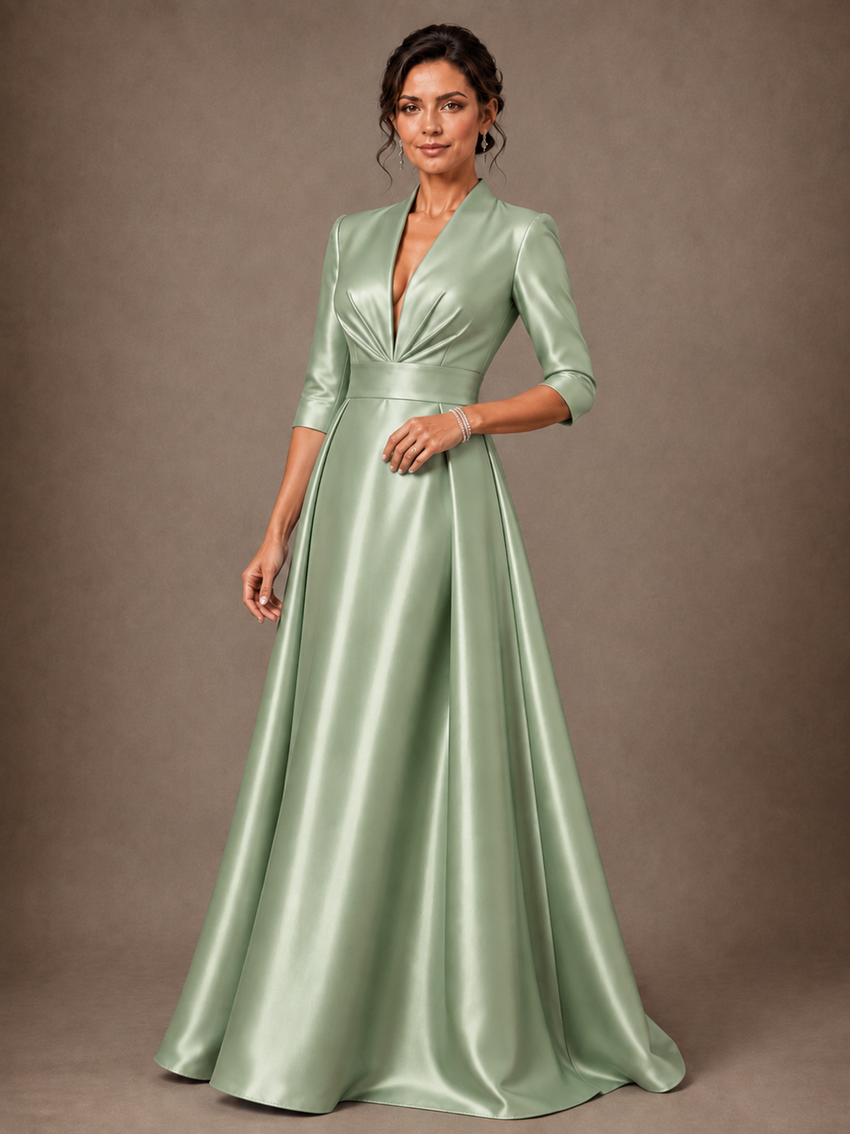 V-Neck Pleated Satin Mother of the Bride Gown with 3/4 Sleeves
