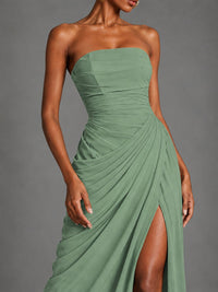 Strapless Bodycon Pleated Chiffon Formal Dress with Slit