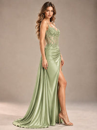 Mermaid Satin Prom Dress with Floral Appliqué Corset and High Slit
