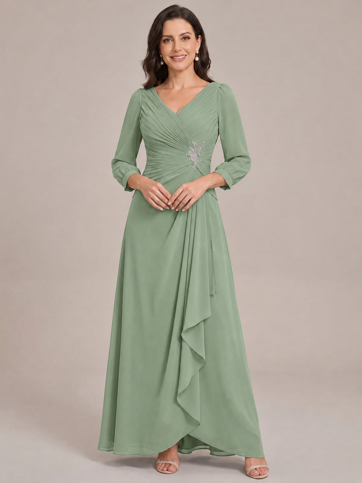 Sage Green-Long Sleeve Chiffon Beaded Mother of The Bride Dresses for Women