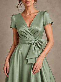 V-Neck Tea-Length Satin Mother of the Bride Dress with Bow
