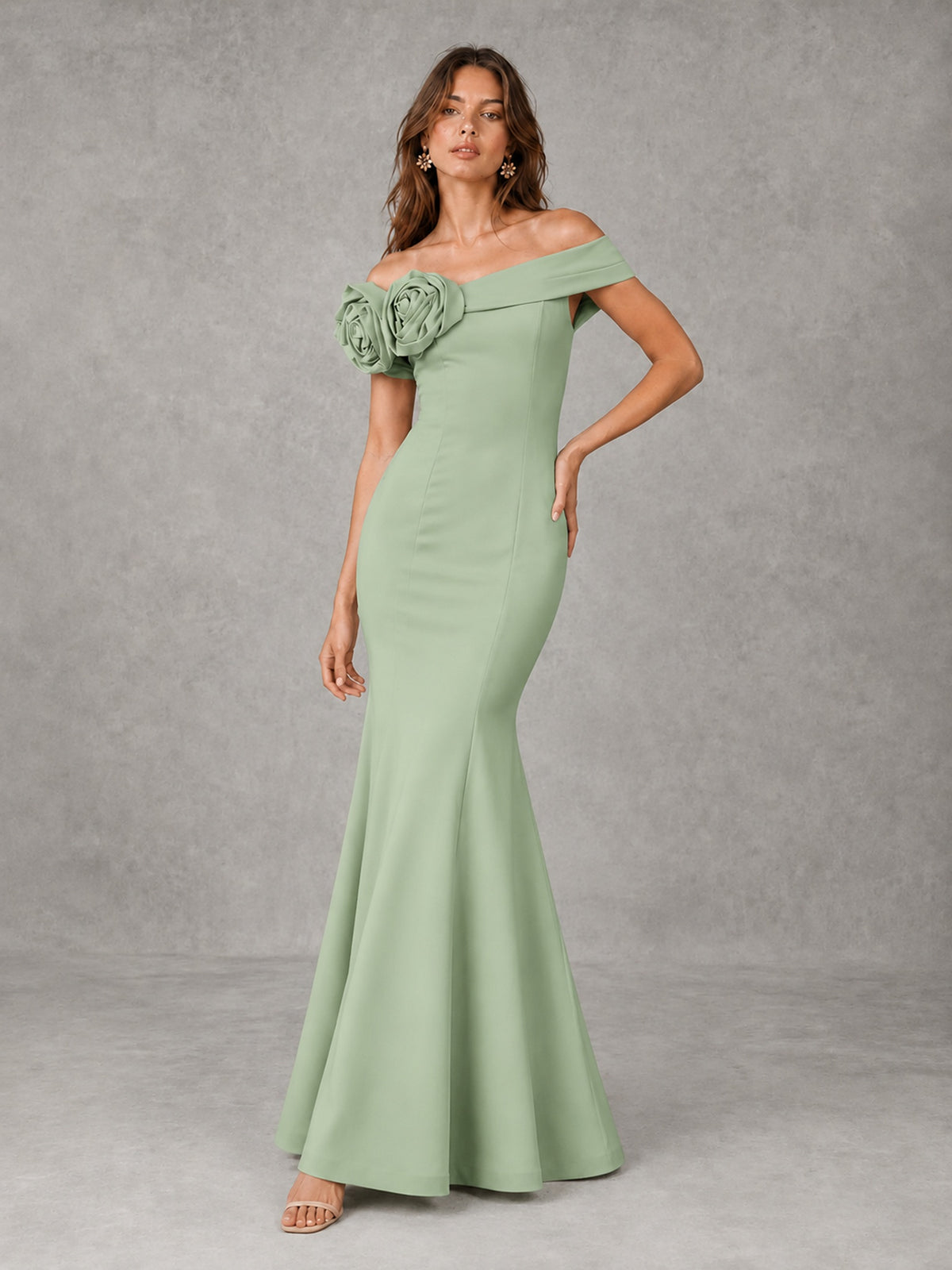 Blush Pink Off Shoulder Mermaid Bridesmaid Dress with Floral Rosette