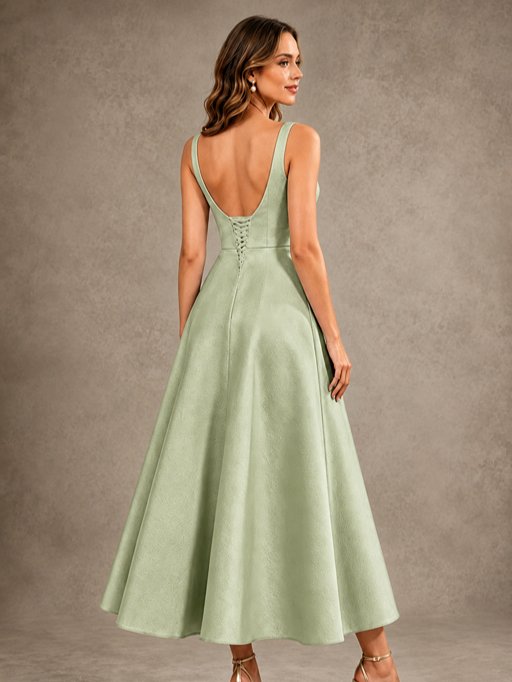 Tea-Length Satin Mother of the Bride Dress with 3D Flower Detail
