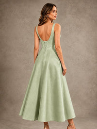Tea-Length Satin Mother of the Bride Dress with 3D Flower Detail