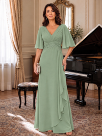 Sage Green V-Neck Chiffon Lace Mother of the Bride Dresses with Flutter Sleeve A-line Long Ruffled Evening Formal Wedding Guest Gown