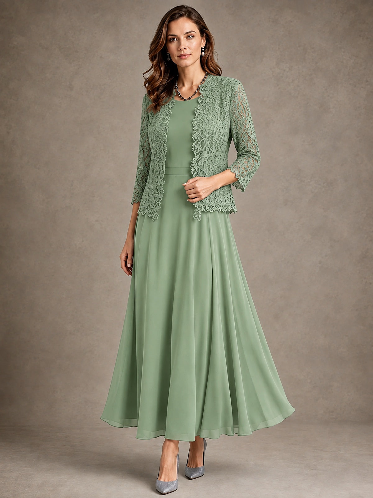 2-Piece Chiffon Mother of the Bride Dress with Lace Jacket