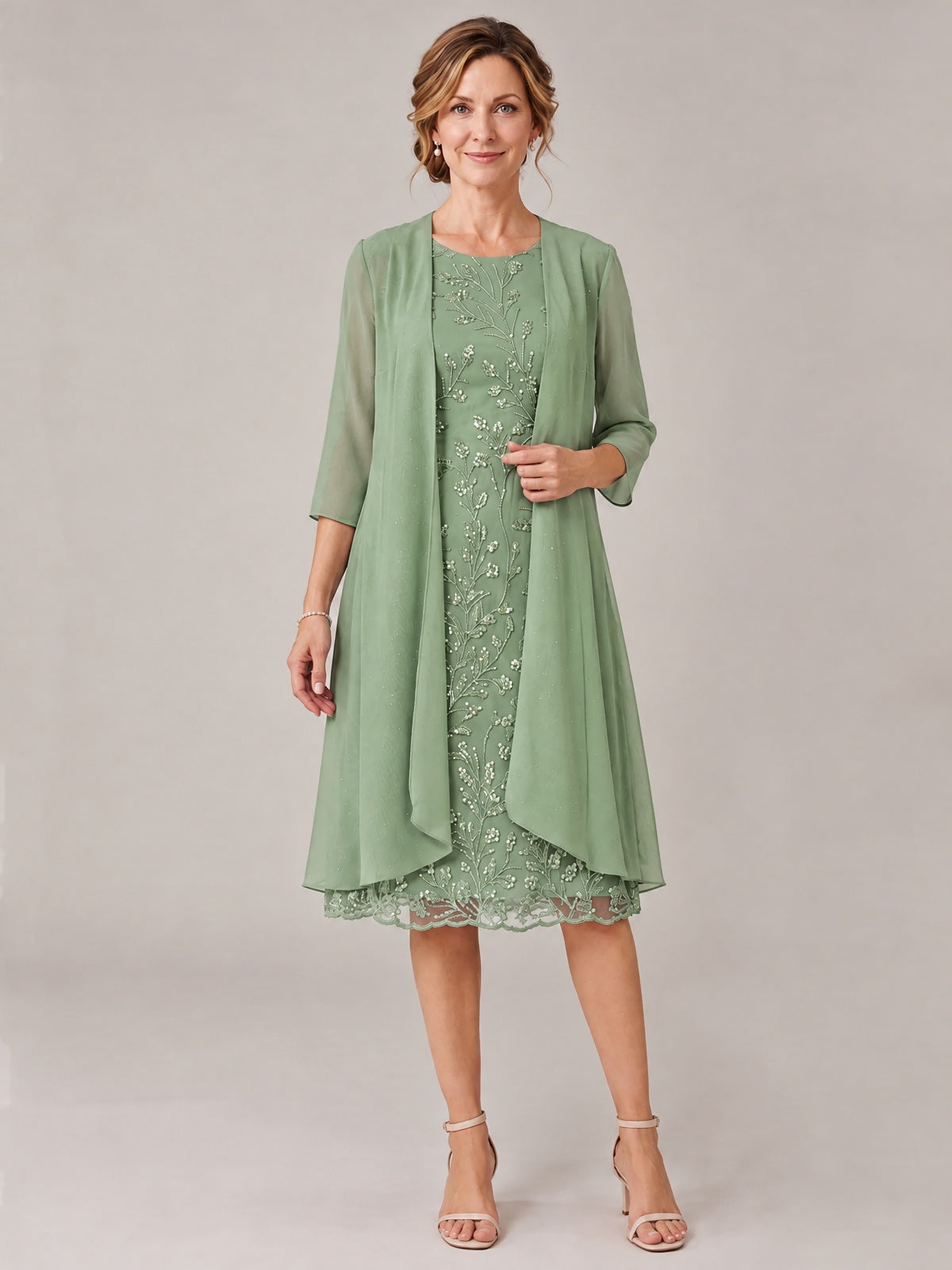 Sage Green-2 Piece Lace Appliques Chiffon Mother of The Bride Dress with Sequin
