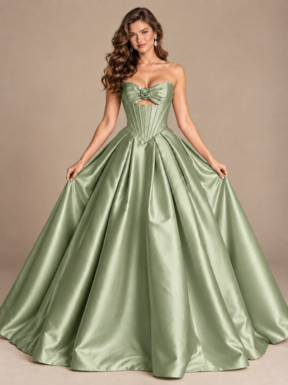 Pink Strapless Corset Satin Prom Derss & Ball Gown with 3D Floral