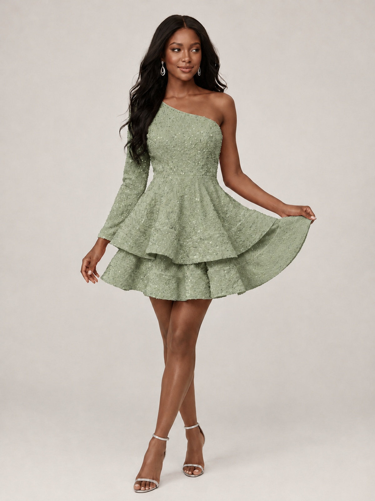 Puffy One Shoulder Sequin Tiered Mini Dress