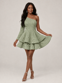 Puffy One Shoulder Sequin Tiered Mini Dress