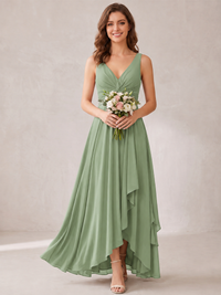 V-Neck High-Low Chiffon Bridesmaid Dress with Ruffles