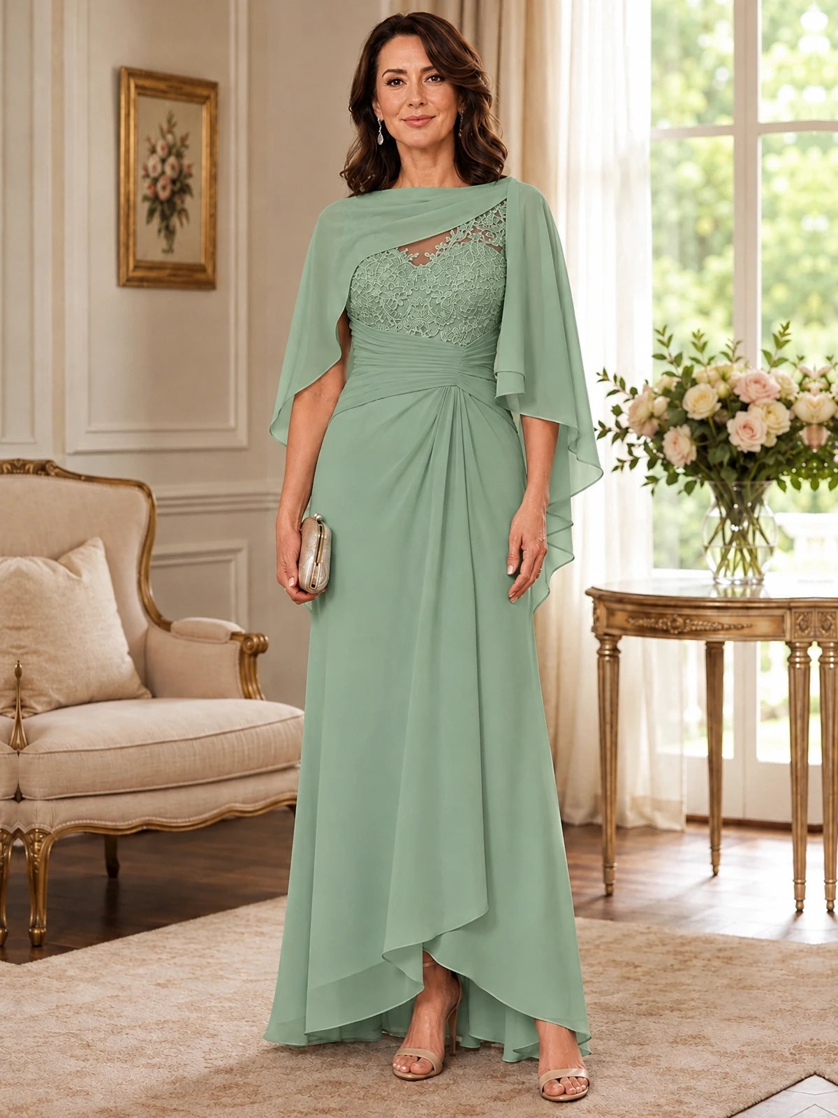 Elegant Chiffon Mother of the Bride Dress with Lace Applique and Cape Sleeves