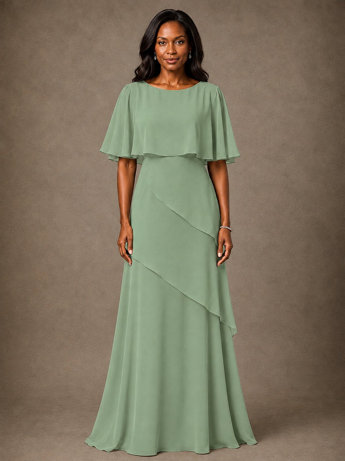 Taupe Chiffon A-Line Mother of the Bride Dress with Cape Sleeves