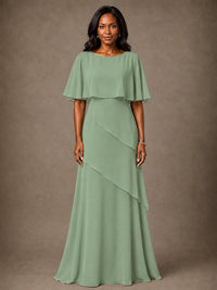 Taupe Chiffon A-Line Mother of the Bride Dress with Cape Sleeves
