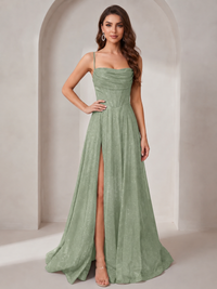 Sage Green Sparkly Cowl Neck Corset Long Prom Dress with Slit A-line Tulle Ball Gown Formal Evning Party Dress