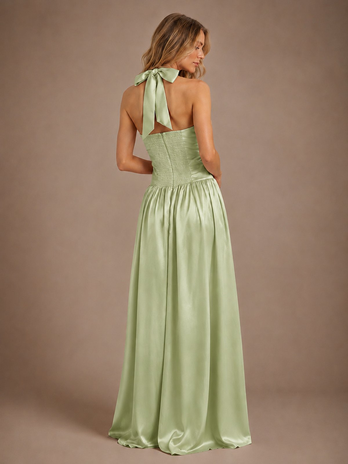 Pink V Neck Halter Satin Maxi Dress