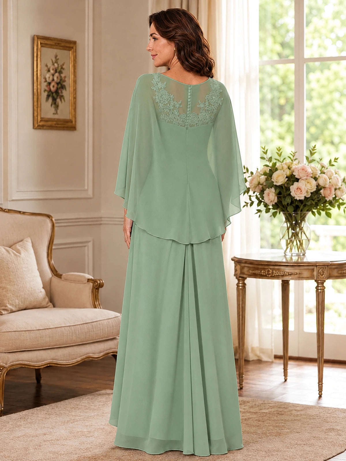 Elegant Chiffon Mother of the Bride Dress with Lace Applique and Cape Sleeves