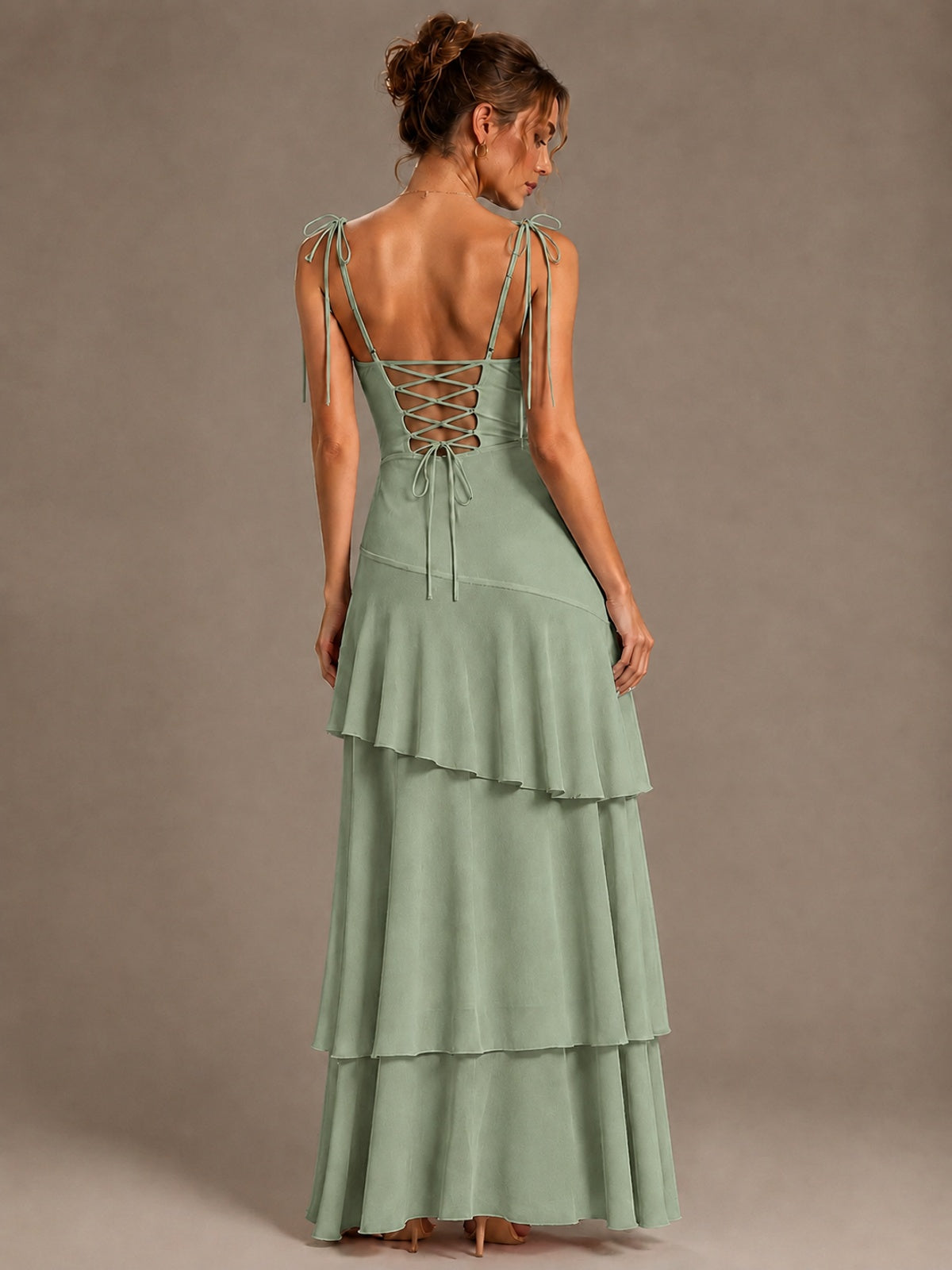 Spaghetti Strap Tiered Ruffles Chiffon Prom Dress