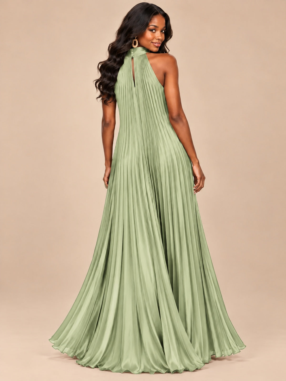 Rust Orange Pleated Halter Neck Maxi Dress