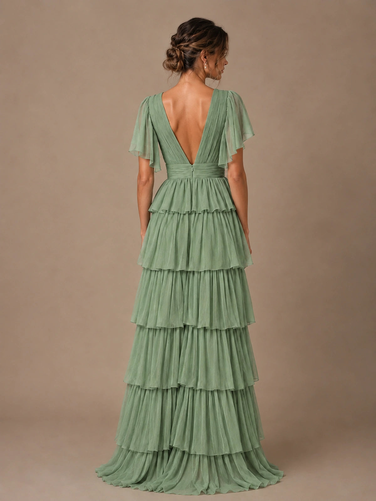 Chiffon V-Neck Tiered Ruffle Bridesmaid Dress with Slit