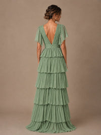 Chiffon V-Neck Tiered Ruffle Bridesmaid Dress with Slit