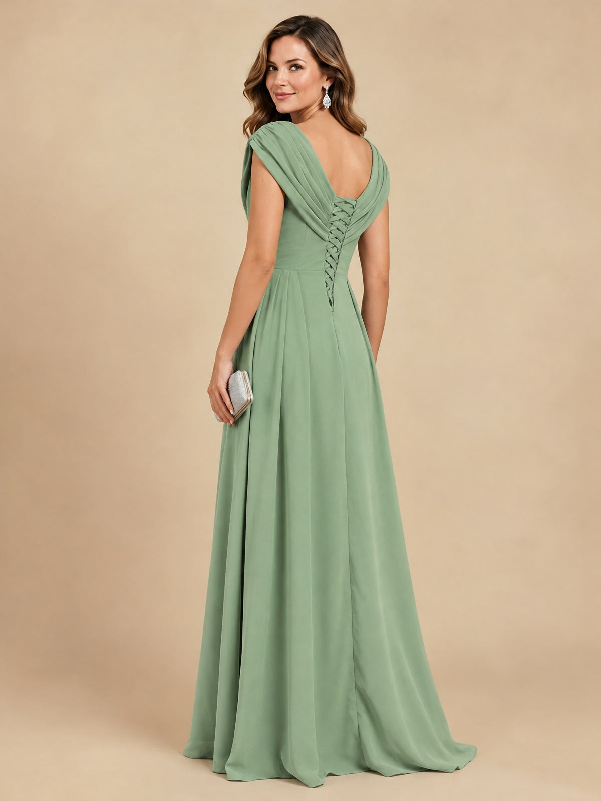 V Neck Pleated Mother of The Bride Dresses with Beading Cap Sleeves