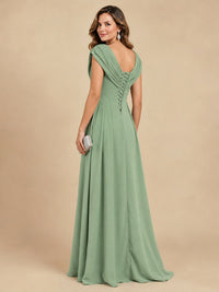 V Neck Pleated Mother of The Bride Dresses with Beading Cap Sleeves