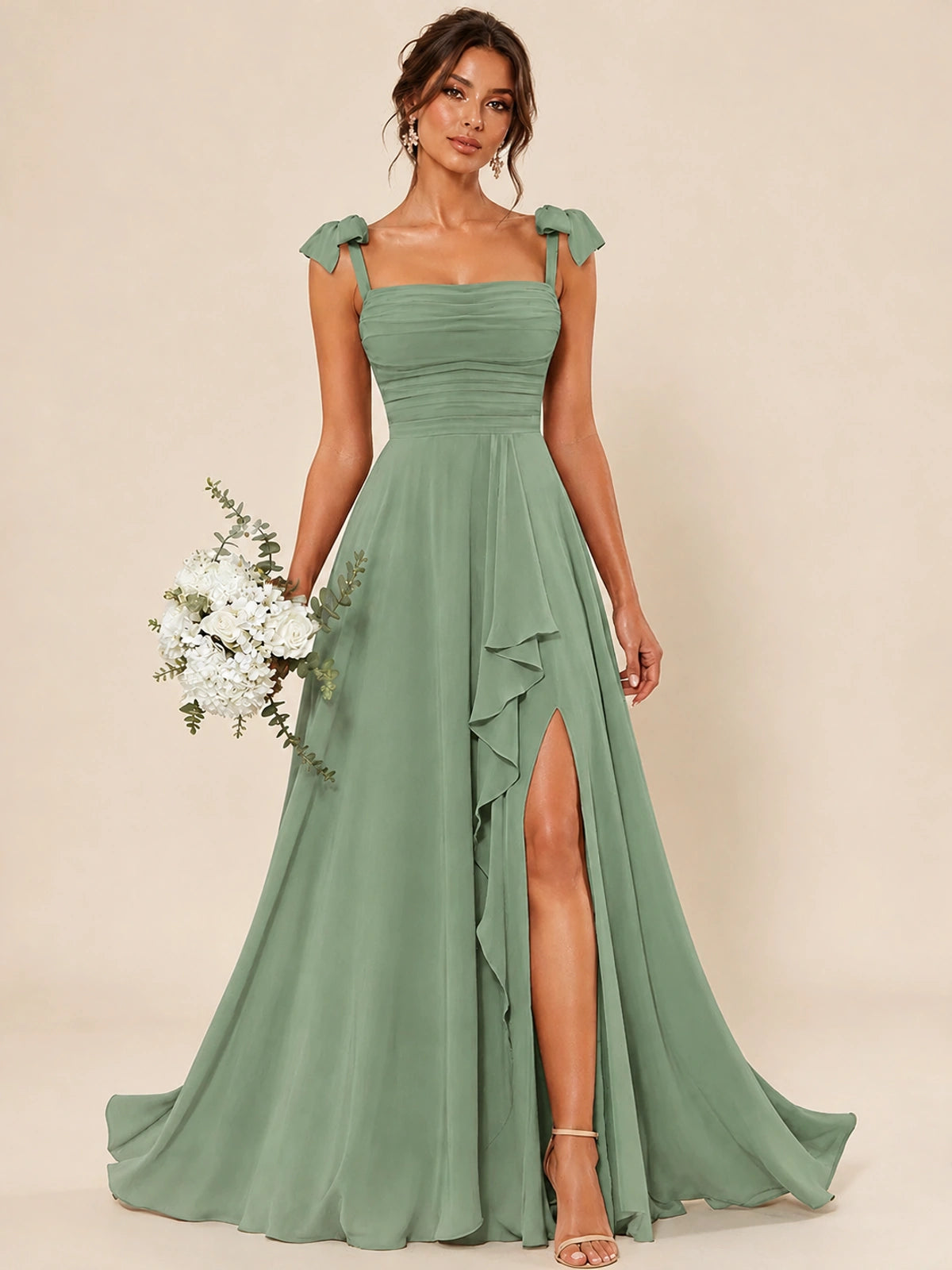 Ruffle Slit Chiffon A Line Scoop Neck Bridesmaid Dresses with Pockets