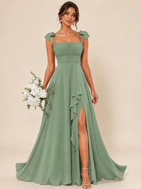 Ruffle Slit Chiffon A Line Scoop Neck Bridesmaid Dresses with Pockets