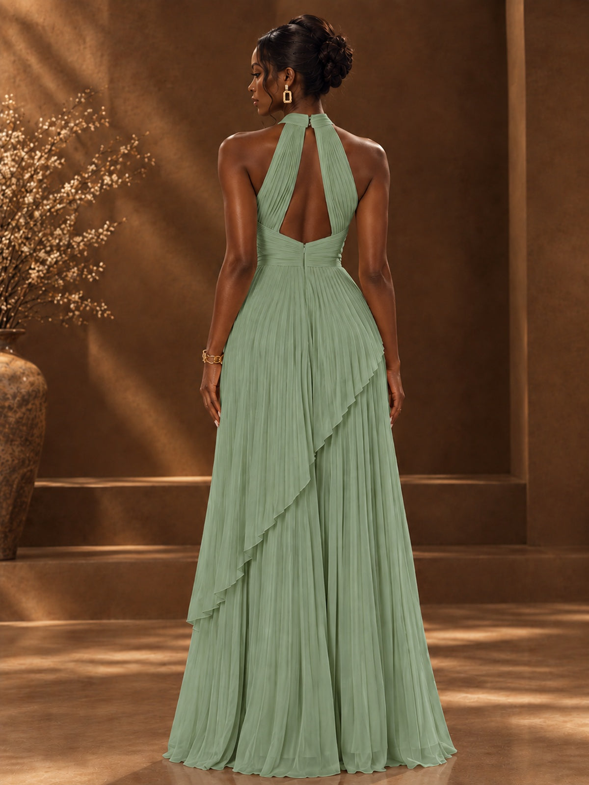 Wrap Pleated Prom Dress Halter A-line Chiffon Formal Wedding Dress