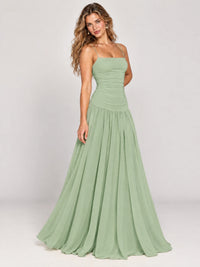Butter Yellow Ruched Spaghetti Strap Drop-Waist Prom Dress