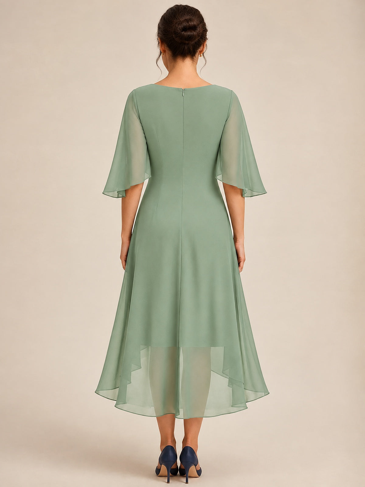 Cowl Neck Ruched Chiffon Mother of the Bride Dresses with Flutter Sleeves