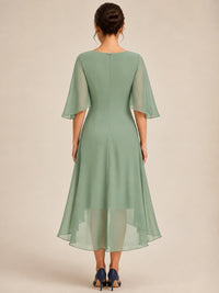 Cowl Neck Ruched Chiffon Mother of the Bride Dresses with Flutter Sleeves