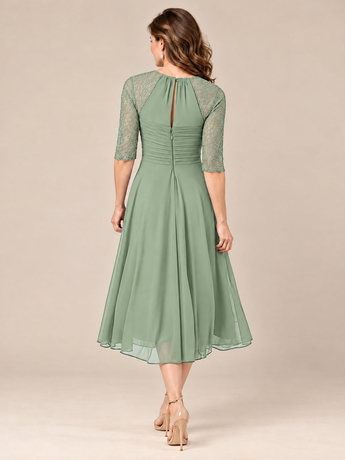 Tea-Length Mother of the Bride Dress with Lace 3/4 Sleeves