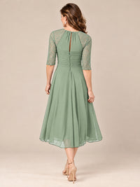 Tea-Length Mother of the Bride Dress with Lace 3/4 Sleeves