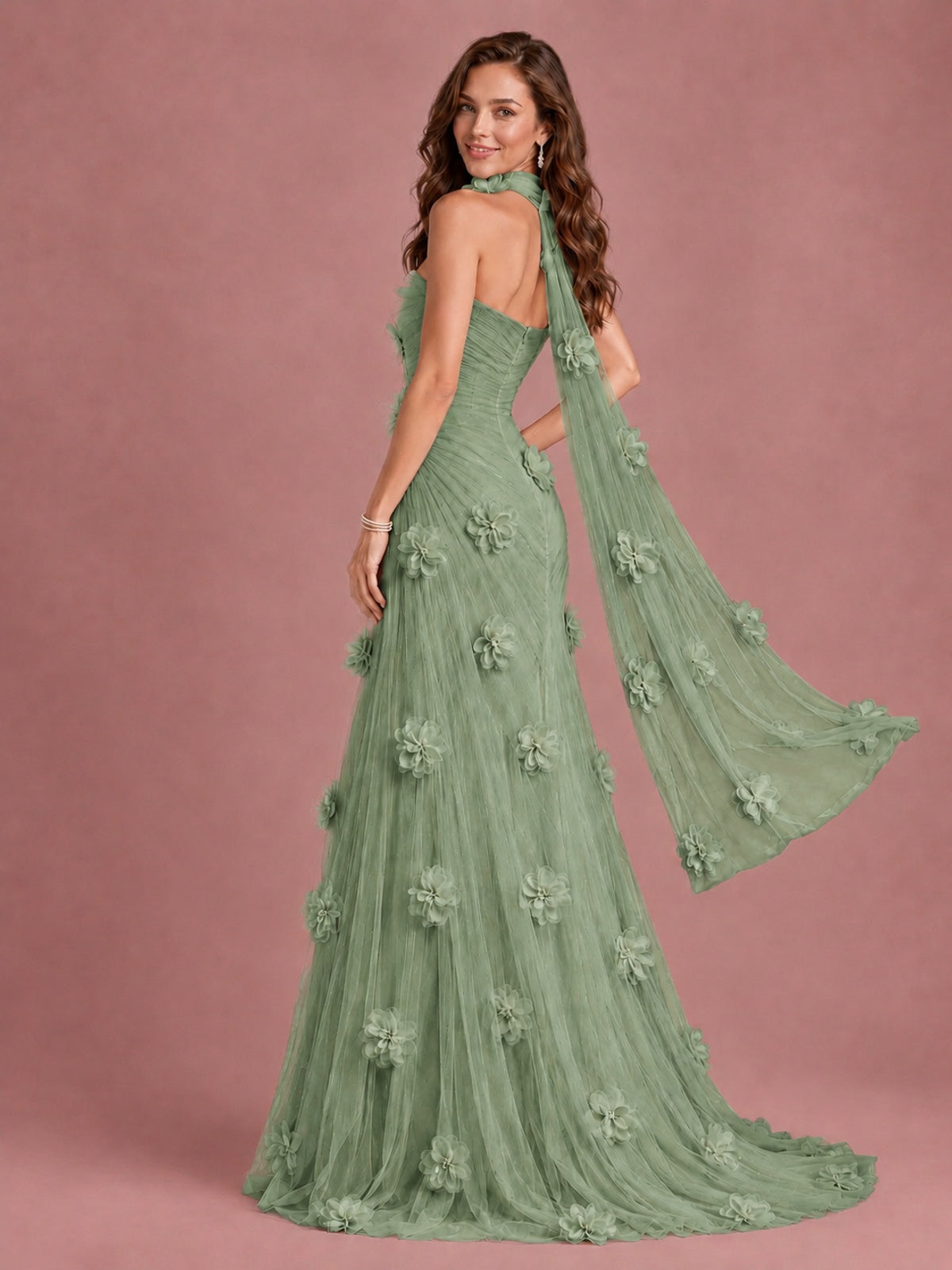 Blush Pink Strapless Sweetheart 3D Floral Tulle Mermaid Prom Dress