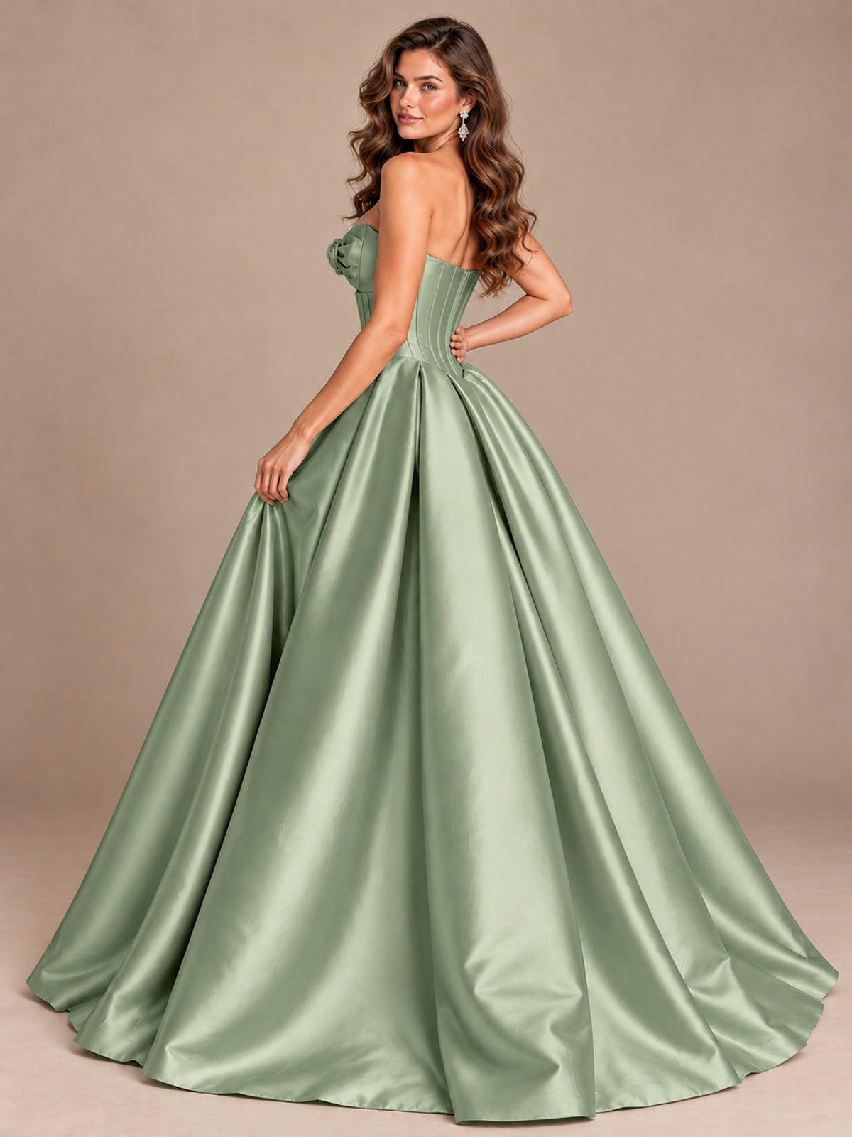 Pink Strapless Corset Satin Prom Derss & Ball Gown with 3D Floral