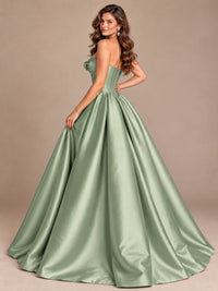 Pink Strapless Corset Satin Prom Derss & Ball Gown with 3D Floral