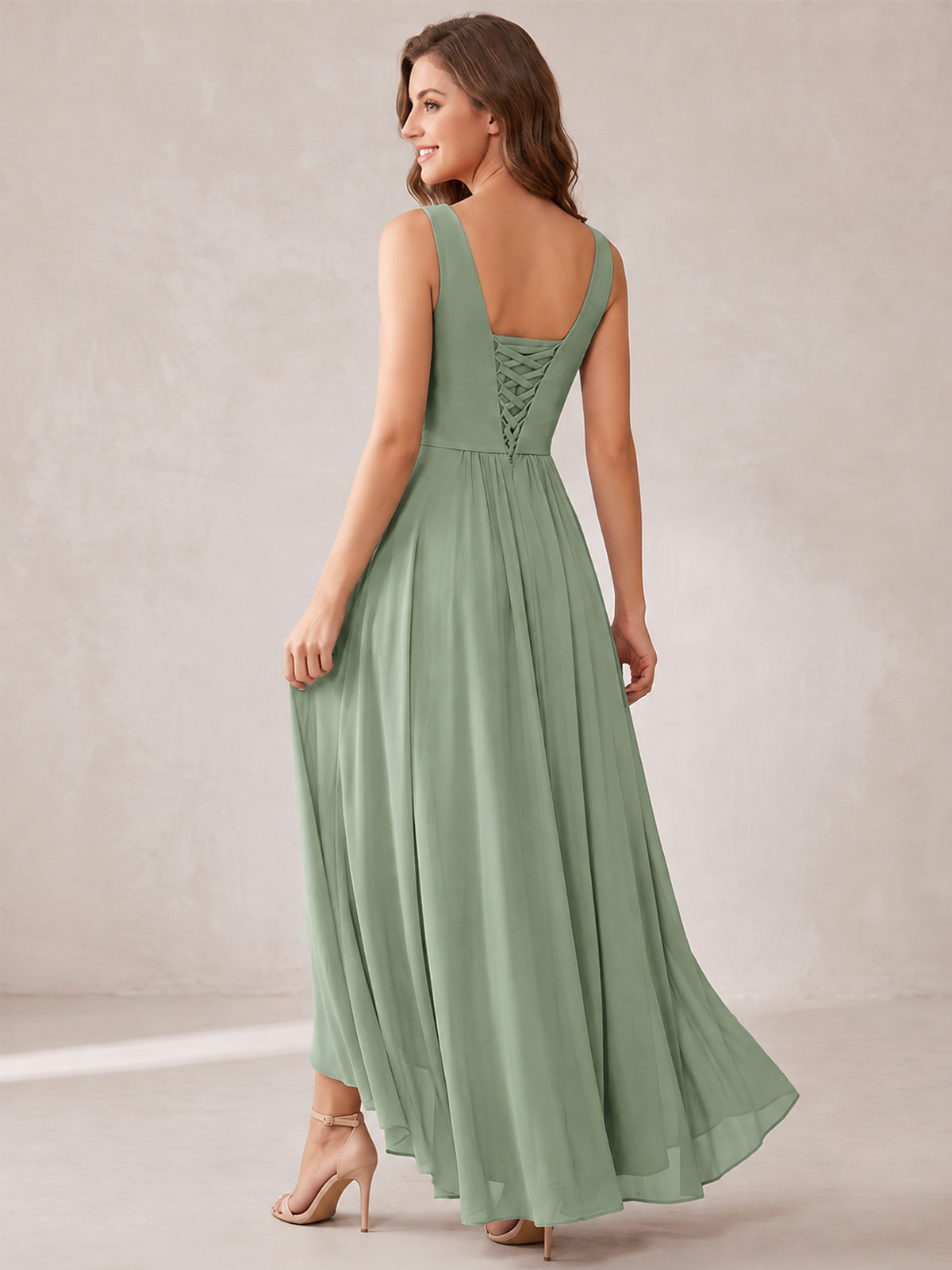 V-Neck High-Low Chiffon Bridesmaid Dress with Ruffles