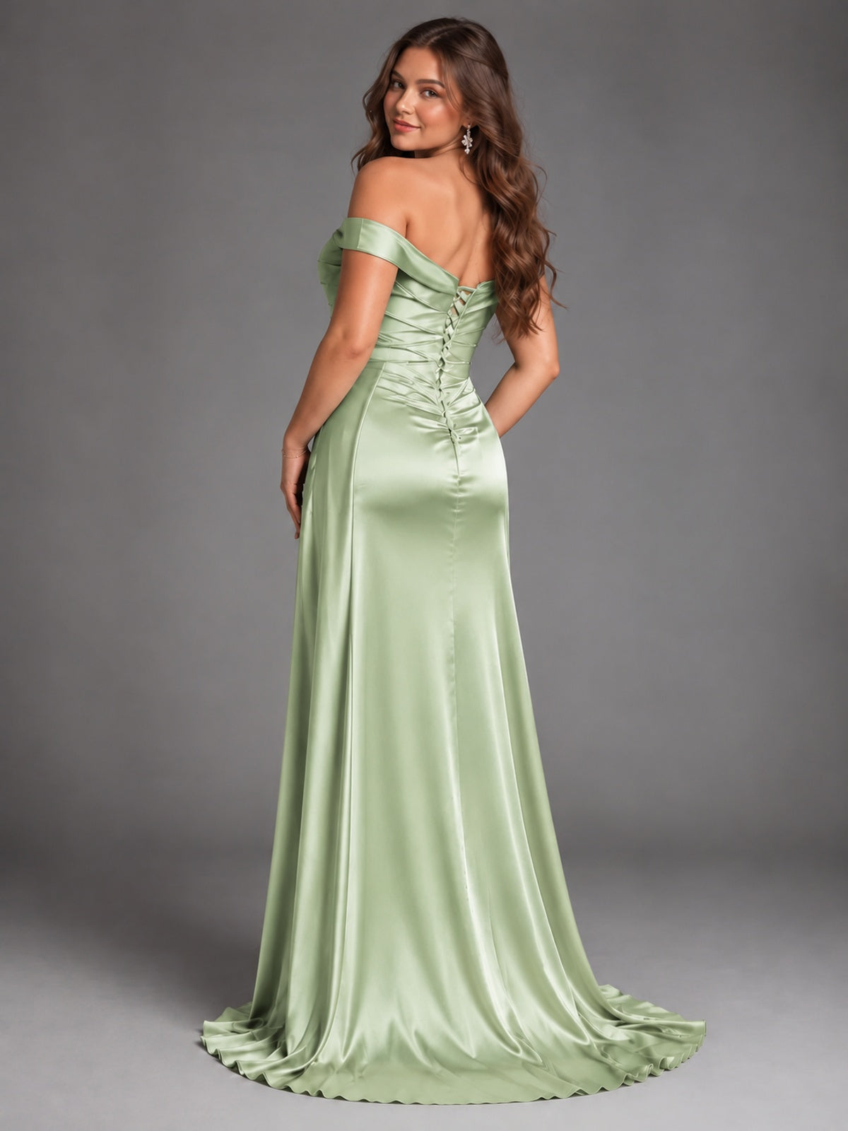 Off Shoulder Satin Maxi Dress with Slit