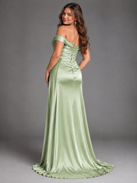 Off Shoulder Satin Maxi Dress with Slit