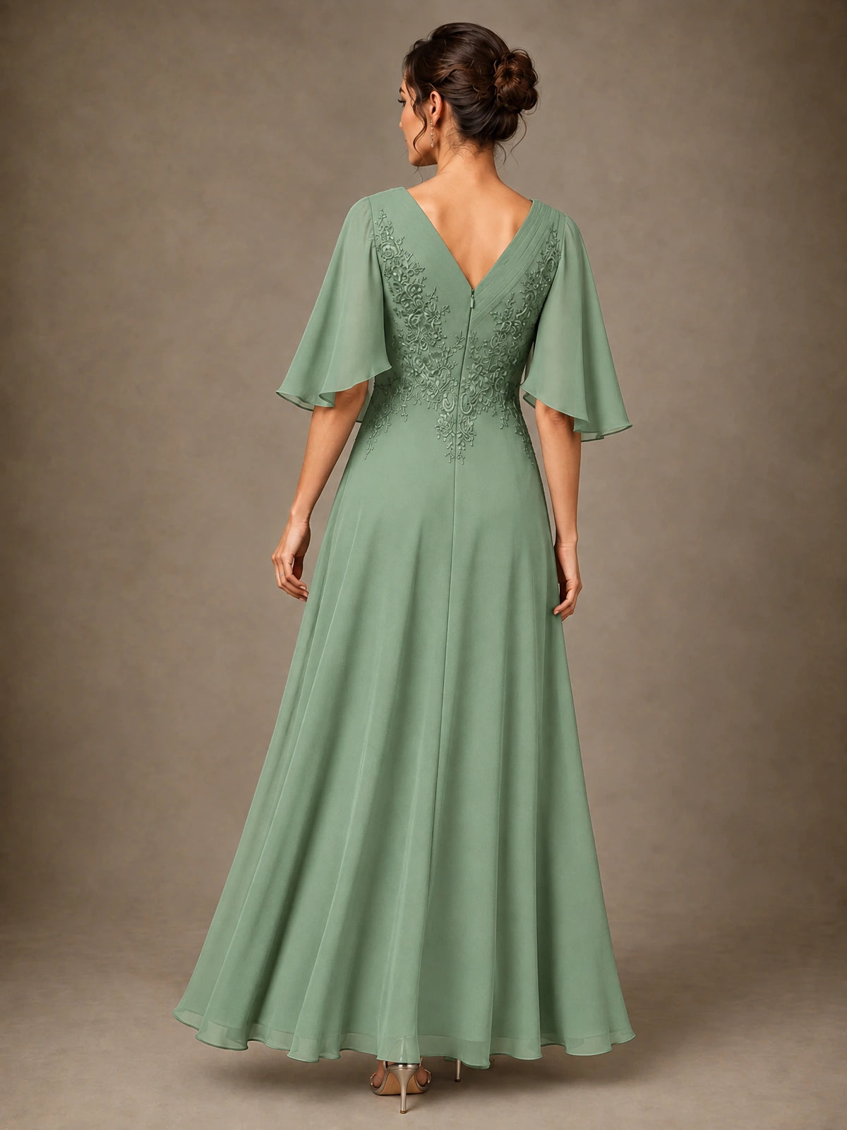 V-Neck Chiffon Lace Mother of the Bride Dress with Flutter Sleeves