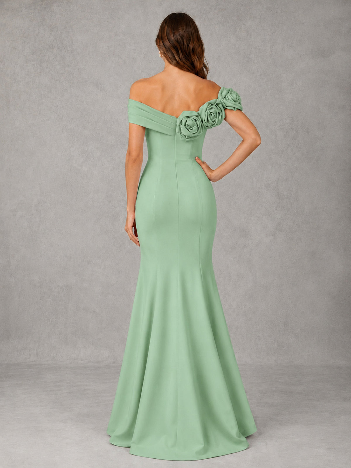 Blush Pink Off Shoulder Mermaid Bridesmaid Dress with Floral Rosette