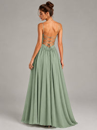 Spaghetti Strap Ruched Chiffon Maxi Dress with Backless