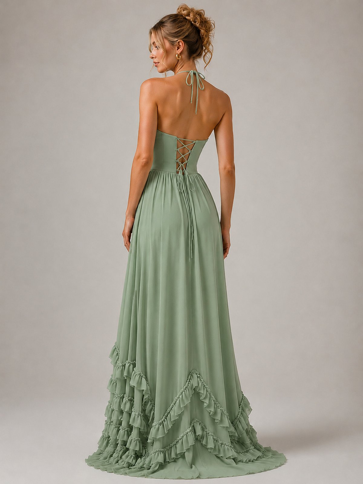 Halter V Neck Chiffon Formal Dress with Lace-Up Back and Ruffle Hem