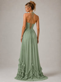 Halter V Neck Chiffon Formal Dress with Lace-Up Back and Ruffle Hem