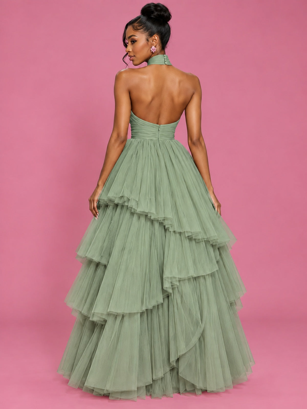 Hot Pink Tulle Halter Neck Tiered Ruffle Maxi Dress